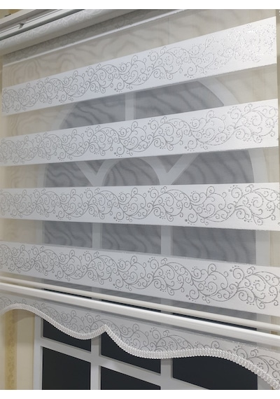 Zebra Stor Perde Sarmaşık Desen Gümüş Simli Etek Dilimli Stb9300 V 01
