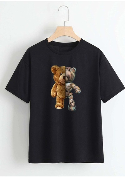 Flood Of Style Unisex Siyah Robotik Ayıcık Baskılı Oversize Bisiklet Yaka T-shirt