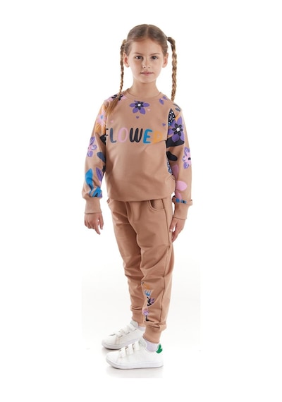 Ahengim Kız Çocuk Eşofman Takımı Flower Baskılı Alt Üst Takım Ak2505 Vizon