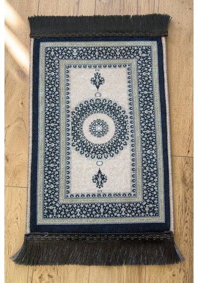 Mini Alın Seccadesi Kaymaz Taban Desenli Cep Tipi Seyahat Namaz Seccadesi - Lacivert / Krem