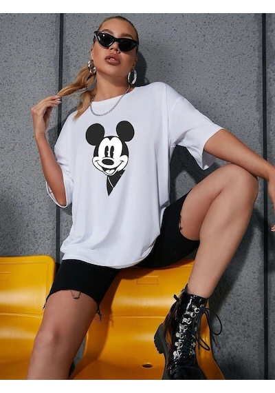 Hırsch Kadın Beyaz Oversize Mickey Mouse Baskılı Tshirt BEYAZ Hırsch Kadın Beyaz Oversize Mickey Mouse Baskılı Tshirt BEYAZ