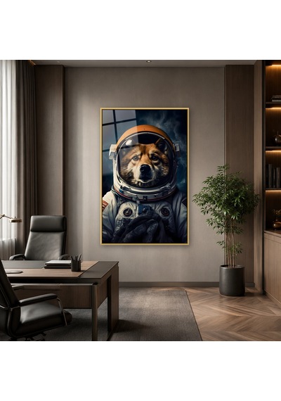 Astronot Giysili Köpek Gold Çerçeveli Cam Tablo