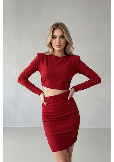 Defymoda Kadın Davet Şıklığı Vatkalı Elbise Kırmızı