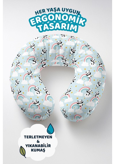 Panda Bulut Gökkuşağı Boyun Yastığı - Neşeli Pastel Mavi Çocuk & Yetişkin Seyahat Yastığı Tozlu Ayışığı Gri