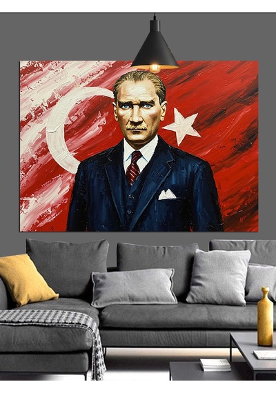 Bayrak Önünde Atatürk Portre Dekoratif Kanvas - Mdf Ahşap Tablo