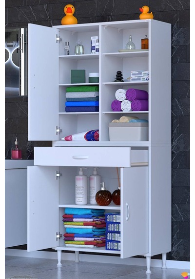 Afra 75 Cm 3 Kapaklı 10 Raflı Ve Çekmeceli Çok Amaçlı Banyo Dolabı Beyaz Afra 75 Cm 3 Kapaklı 10 Raflı Ve Çekmeceli Çok Amaçlı Banyo Dolabı Beyaz
