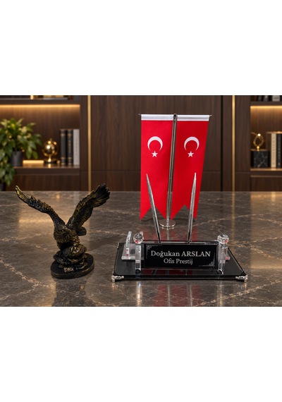 Kişiye Özel Çift Kalemli Kristal Masa İsimliği Türk Bayraklı Kartal Figürlü 3 Parça Siyah