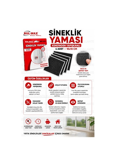 Kendinden Yapışkanlı Sineklik Yaması 4 Adet 10x10 Cm Sineklik Tamir Bandı Delik Yırtık Onarım Yaması