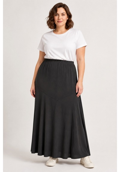 Bihan Store Yüksek Bel Sandy Kumaş Panelli Dökümlü Battal Boy Maxi Etek Y26-90980-siyah