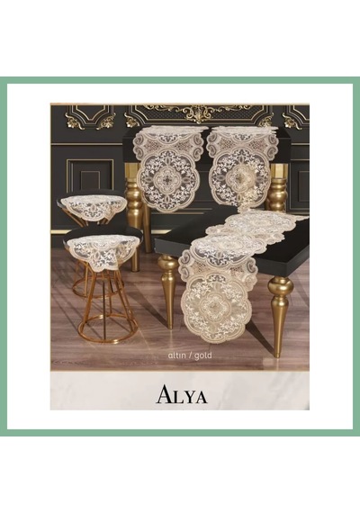 Bşkvirgo 5 Parça Alya Gold Dantelli Salon Takımı Runner Masa Örtüsü Modern Tasarım Bsk2026