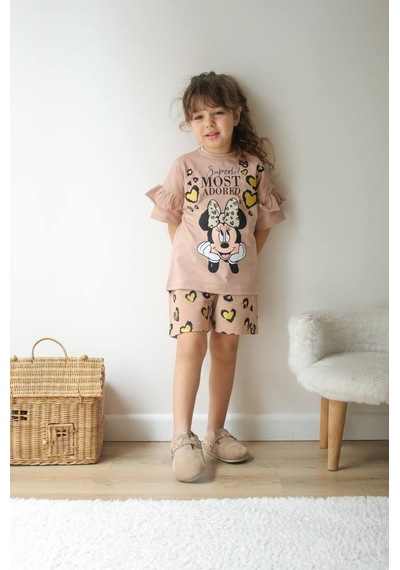 Miniko Kids Kız Çocuk Karakter Modelli Baskılı Şortlu Pamuk Takım Kahverengi