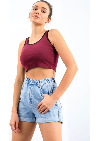 Tommy Life Bordo Basic Sıfır Kol Dar Kalıp U Yaka Kadın Crop Top Atlet - 97162 Bordo