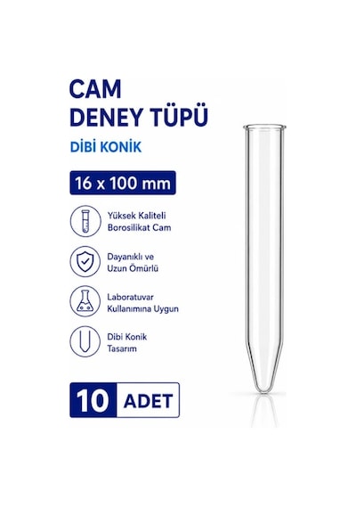 16x100 Mm Cam Deney Tüpü Dibi Konik 10 Adet Laboratuvar Test Tüpü