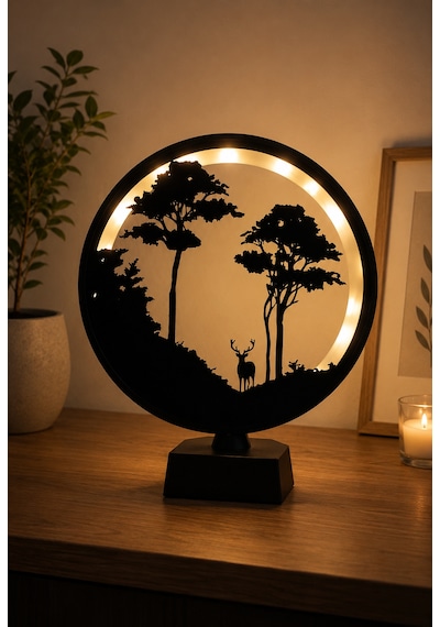 Dekoratif Led Işıklı Orman Ve Geyik Silüetli Masa Lambası Modern Ortam Aydınlatma Dekoru 22x29cm Ebat Siyah