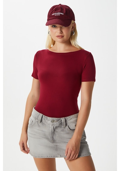 Ritnice Kadın Velvet Kayık Yaka Lux Touch Yumuşak Doku Kısa Kol Bordo Bluz Bordo