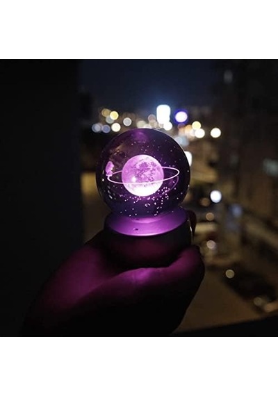 Kristal Cam Küre Renk Değiştiren Led Işıklı Gece Lambası Dekoratif Hediyelik Satürn Kızı