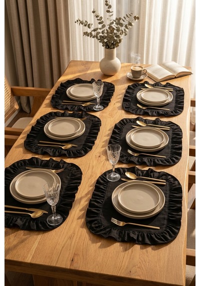 Pamuklu Fırfırlı Kare Supla 6'lı Set Amerikan Servis 33 Cm Supla Siyah