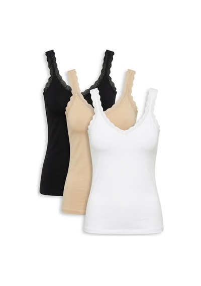 Siyah İnci 3'lü Paket Pamuklu Likralı Askılı Dantelli Örme T-shirt Atlet 1006 Siyah Beyaz Ten