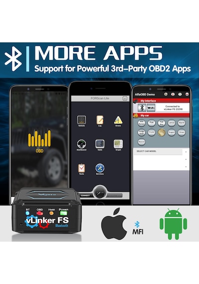 Vgate Vlinker Fs Bluetooth Obd2 Tanılama Tarama Cihazı, Apple iOS Uyumlu, Android Ve Windows İçin Obdıı Araç Kod Okuyucu