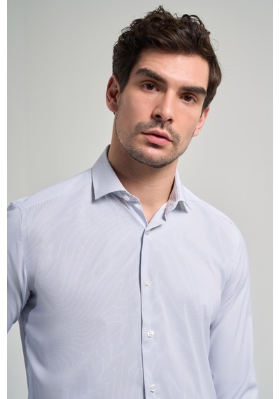 İmza Uzun Kol Çizgili Desen Bez Ayağı Sert Yaka Cepsiz Esnek Classic Slim Fit Gömlek 1004250158 Beyaz