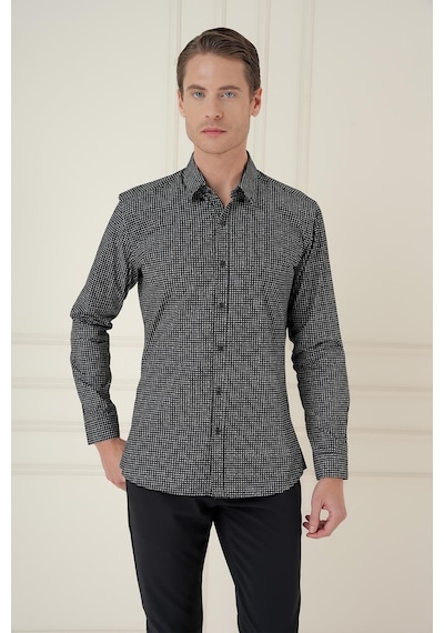 Efor Slim Fit Baskılı %100 Pamuk Spor Siyah Gömlek G 1587 Siyah