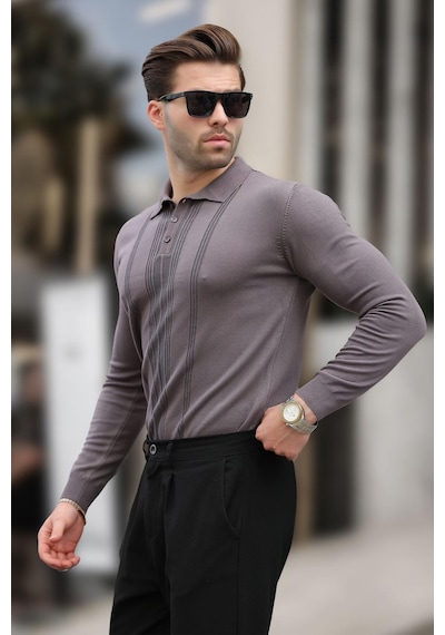 Madmext Koyu Gri Polo Yaka Çizgili Erkek Triko Kazak 7265 Koyu Gri