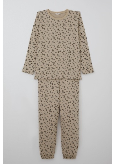 Breeze Kız Çocuk Pijama Takımı Çiçek Desenli Beli Paçası Lastikli 9-12 Yaş, Bej