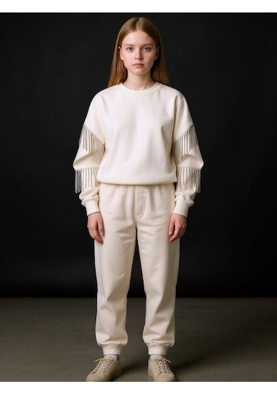 Kız Çocuk Yüzde Yüz Pamuklu İki İplik Zincir Detaylı Sweatshirt-16698 Ekru