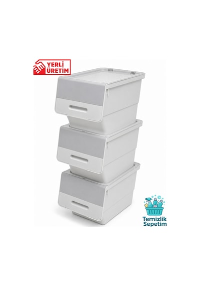 3 Katlı Tekerlekli Kapaklı Saklama Kutusu, Eşya Ve Erzak Organizer 3x12 Litre Gri Gri Gri