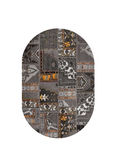Patchwork Desenli Yıkanabilir Pamuk Taban Dijital Baskılı Oval Halı Antrasit