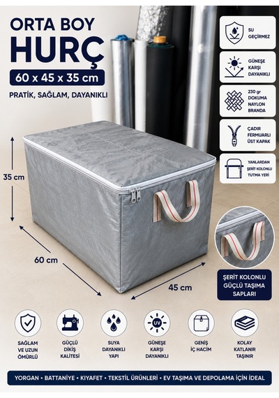 60 45 35 Hurç Fermuarlı Su Geçirmez Uv Korumalı 230 Gr Dokuma Naylon Branda Gri