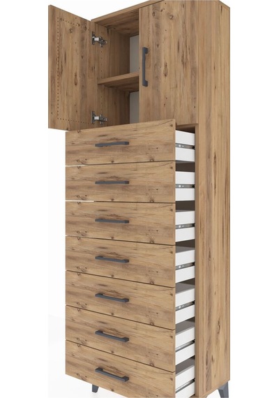 Arges Dolap 2 Raflı 7 Çekmeceli 2 Kapaklı 60x30x182 Çam-çam Çam