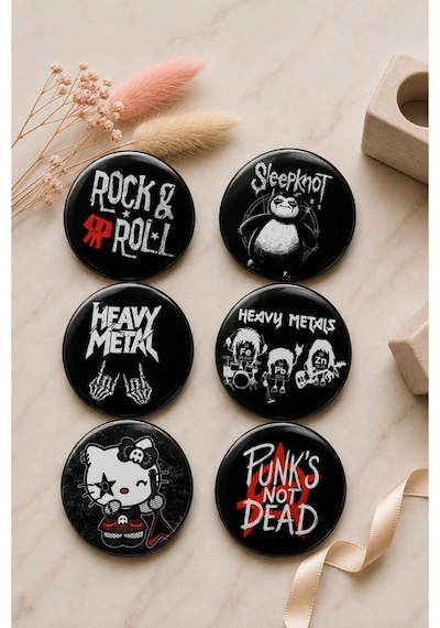 Mashspot 6'lı Rock Metal Rozet Seti 1 Punk's Not Dead, Heavy Metal, Rock & Roll Çanta Mont Ceket Aksesuar Çok Renkli