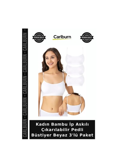 Carlburn Özel Seri Kadın Bambu İp Askılı Çıkarılabilir Pedli Büstiyer Beyaz 3'lü Paket Konforlu Seçim