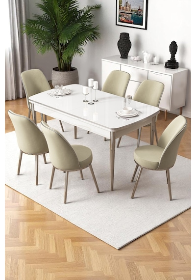 Canisa Nira Serisi 70x114 Mdf Açılabilir Beyaz Masa Takımı 6 Krem Sandalye Krom Detay Masa Beyaz Sandalye Krem Ayaklar Krom Canisa Nira Serisi 70x114 Mdf Açılabilir Beyaz Masa Takımı 6 Krem Sandalye Krom Detay Masa Beyaz Sandalye Krem Ayaklar Krom