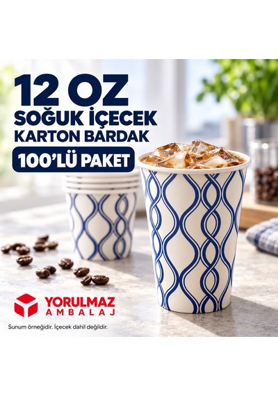 12 Oz Karton Bardak 100 Adet Soğuk İçecek Uyumlu Tek Kullanımlık Kağıt Bardak 50
