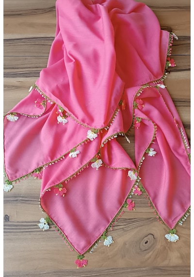 El Emeği İğne Oyalı Pembe Yazma / Yemeni - Çiçek Motifli Çeyizlik Eşarp Açık Pembe - Pembe