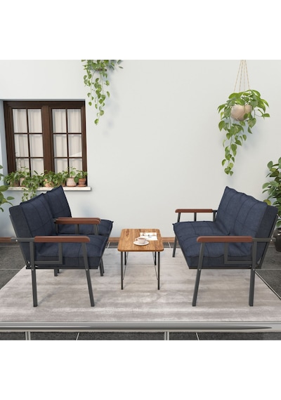 Mygusi Modern Balkon, Bahçe, Cafe - Metal Kanepe Koltuk Takımı - 2+1+1 Sehbalı Lacivert
