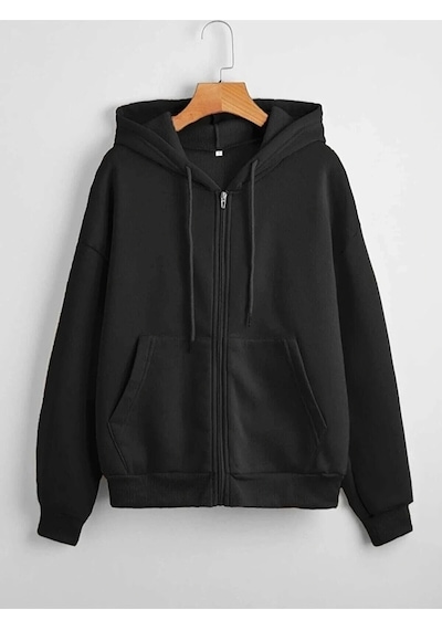 Relax&Basic Siyah Kapüşonlu Fermuarlı Sweatshirt Siyah