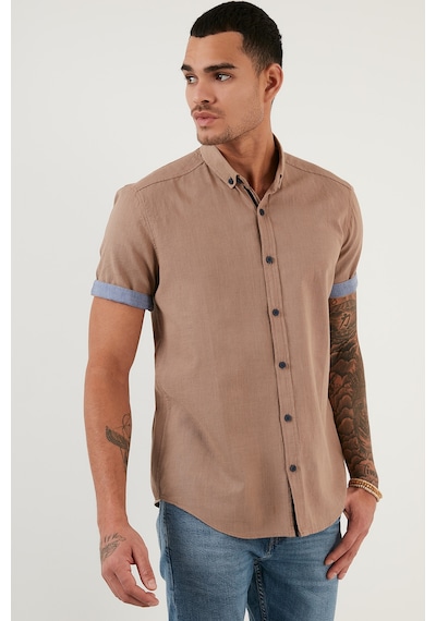 Buratti Pamuklu Slim Fit Düğmeli Yaka Kısa Kollu Erkek Gömlek Cf21S112546 Toprak