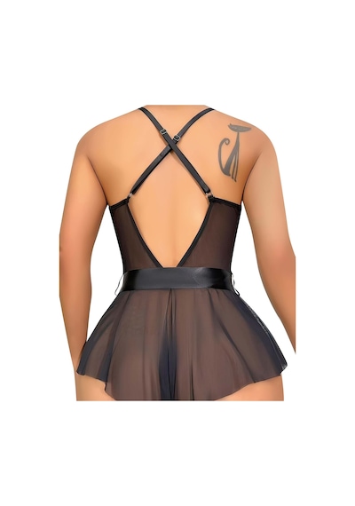 Lily Biancaa Kadın Dantelli Beli Kuşaklı Tül Babydoll Fantezi Gecelik Siyah