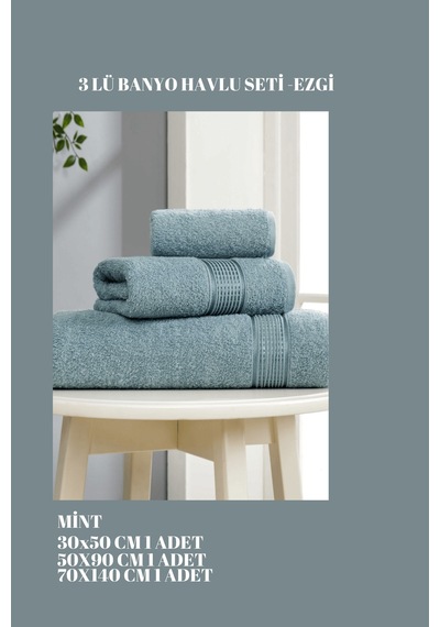 3 Parça Ekonomik Banyo Havlu Seti Pamuklu Ezgi Mint