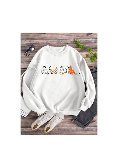 Tarzsokak Lune Cartoon Cat Print Lined Sweatshirt Beyaz