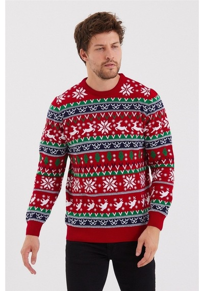 Erkek Christmas Yılbaşı Kazağı Kırmızı - Yeşil - Beyaz