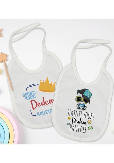 BK Kids Dedem Halleder Tasarımlı 2’li Beyaz Mama Önlüğü-1 Beyaz