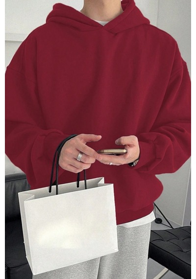 Tarz Cool Erkek Kapüşonlu Oversize Sweatshirt Bordo