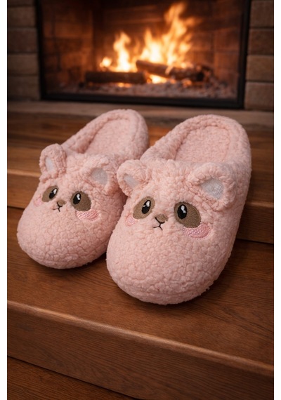 Modafrato Teddy Bear Kadın Ev Terliği Kışlık Terlik Kauçuk Ses Yapmayan Taban Pudra