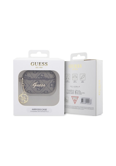 Apple Uyumlu AirPods Pro 2 Kılıf Guess Lisanslı 4g Desen Metal Script Logolu 4g Charm Pu Deri Kahverengi