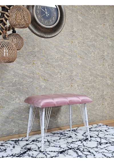 Zafir Metal Beyaz Tel Ayaklı 60 Cm Puf Bench - Puf - Bench - Oturak - Mutfak Oturağı - Antre Oturağı Pembe