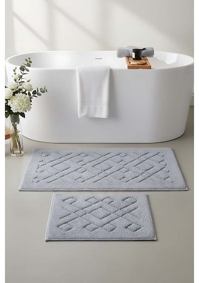 Geometrik Desenli Pamuklu 2 Li Banyo & Klozet Paspas Takımı Gri